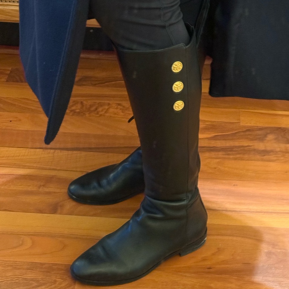Tory Burch Black Leather Knee-High Heeled Boots with Gold Buttons - Picture 3 of 7